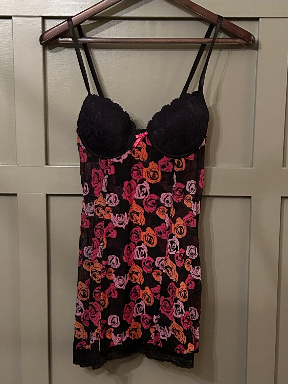 Vintage Chemise Lingerie Babydoll Black Pink Orange Floral Lace Size Small